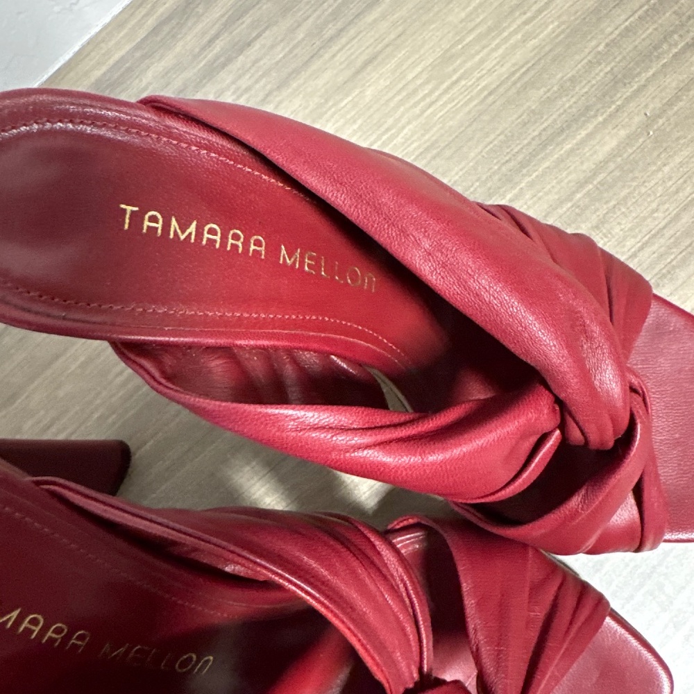 Tamara Mellon Savanna Nappa heels mules sandals pumps in dark red.